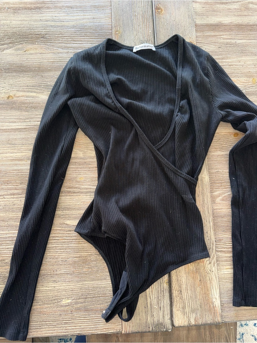Reformation Black Ribbed Wrap-Style Long Sleeve Bodysuit
